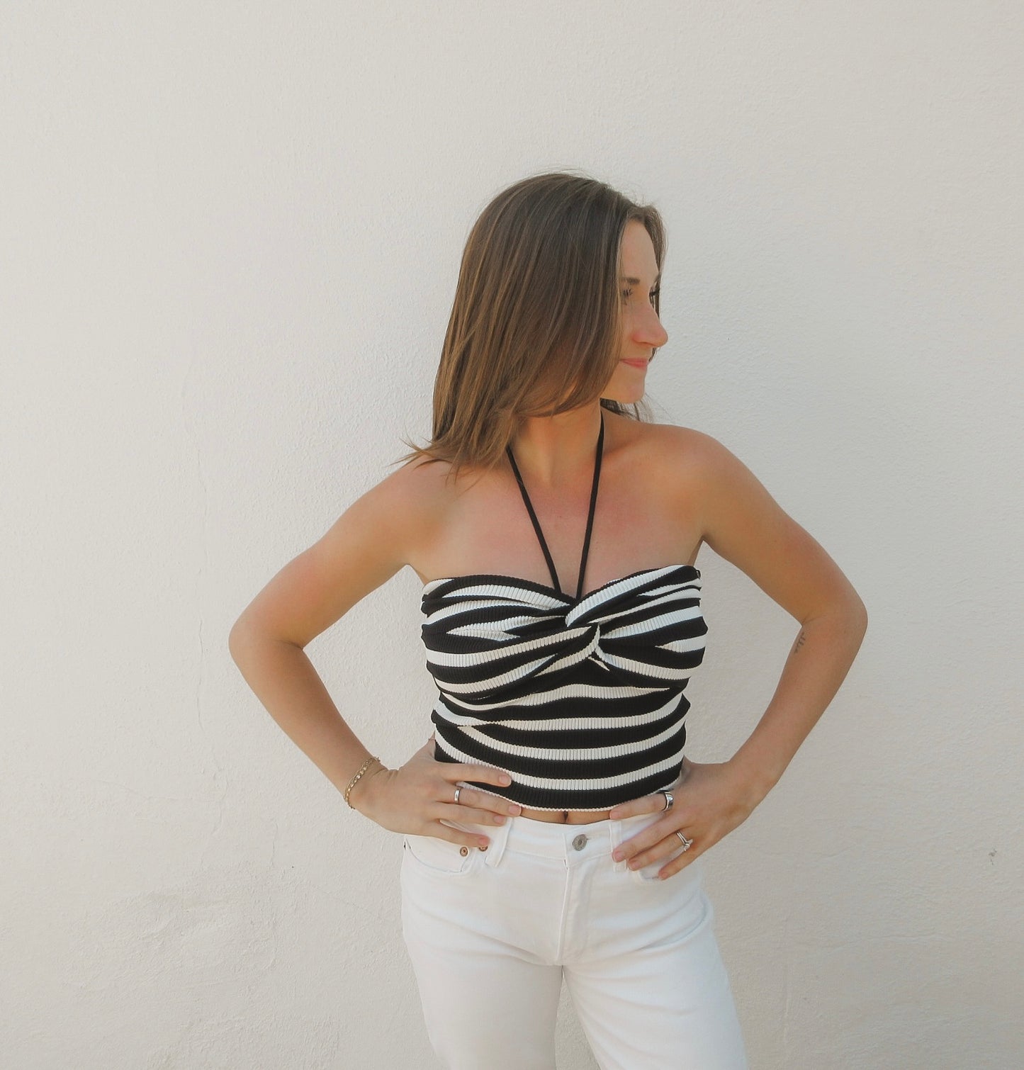 Striped Knot Front Halter Neck Knitted Top