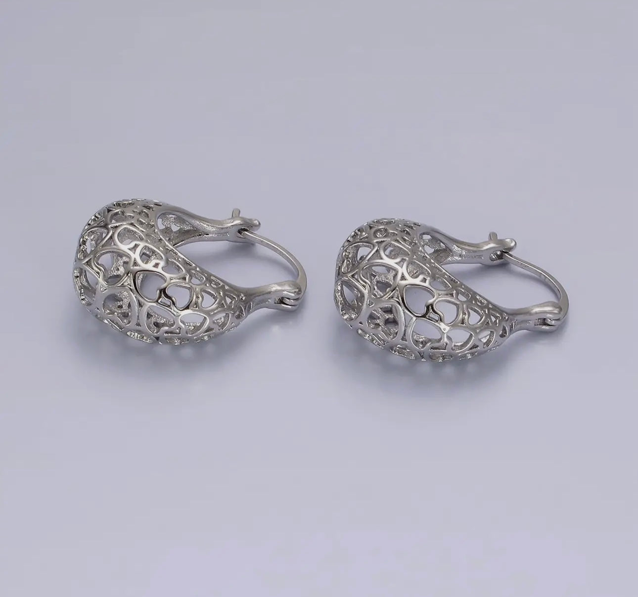 Heart Filigree French Lock Hoop Earrings - Silver