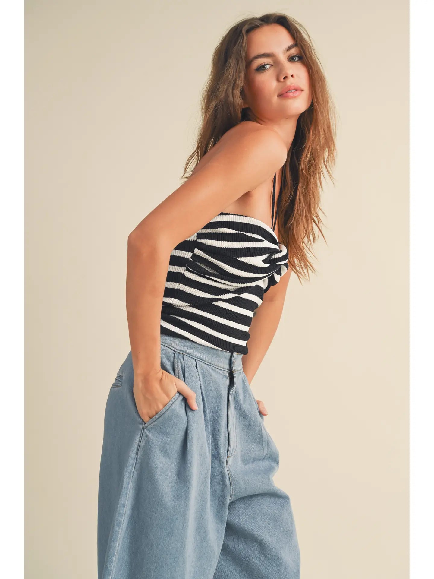 Striped Knot Front Halter Neck Knitted Top