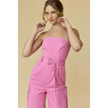 Hot Pink Strapless Cargo Jumpsuit