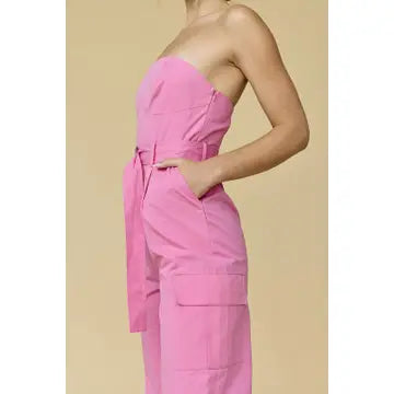 Hot Pink Strapless Cargo Jumpsuit