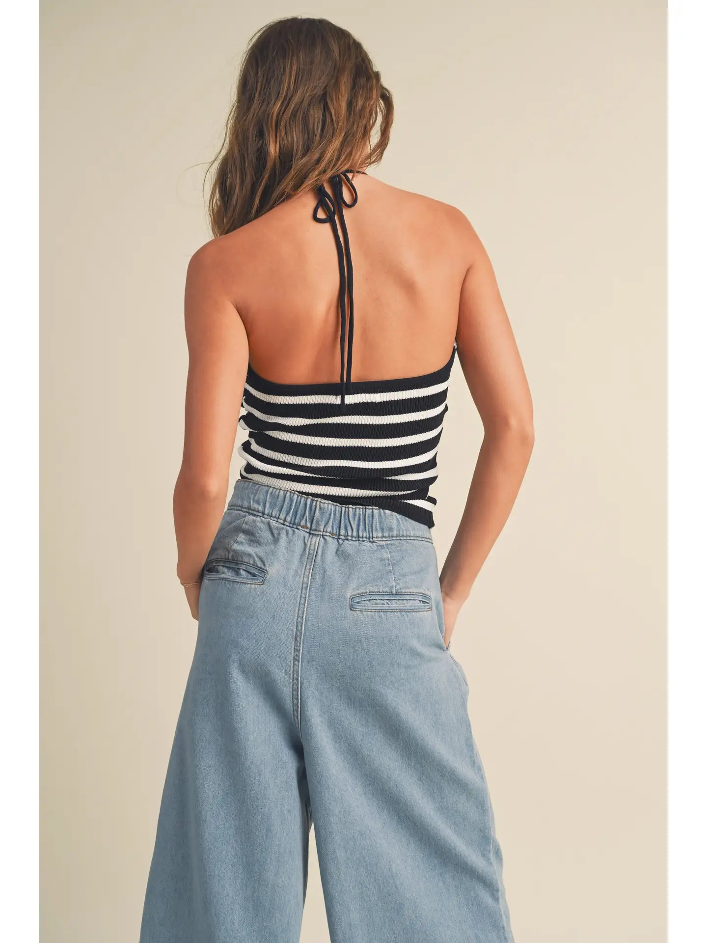 Striped Knot Front Halter Neck Knitted Top
