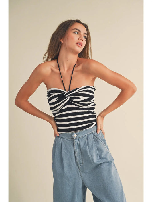 Striped Knot Front Halter Neck Knitted Top