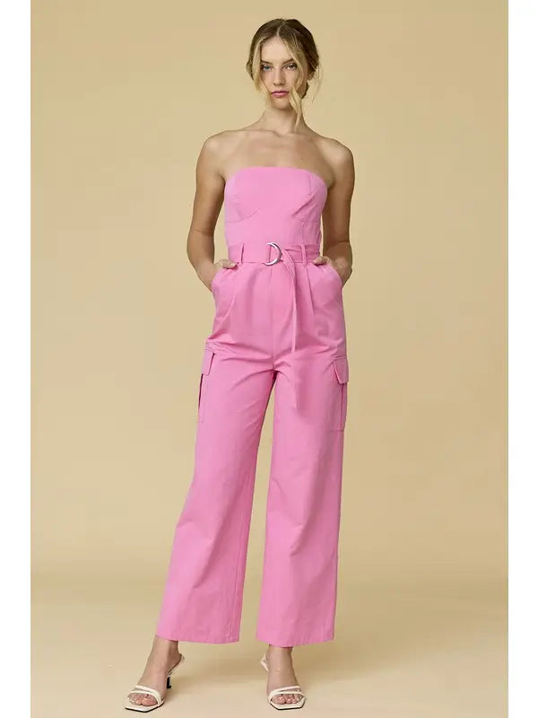 Hot Pink Strapless Cargo Jumpsuit