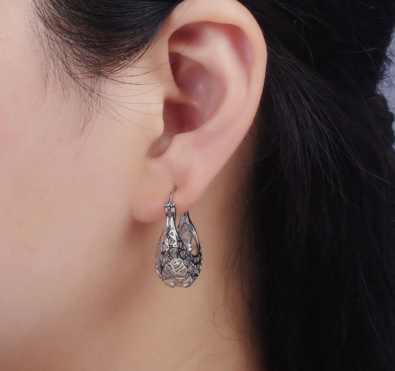 Heart Filigree French Lock Hoop Earrings - Silver